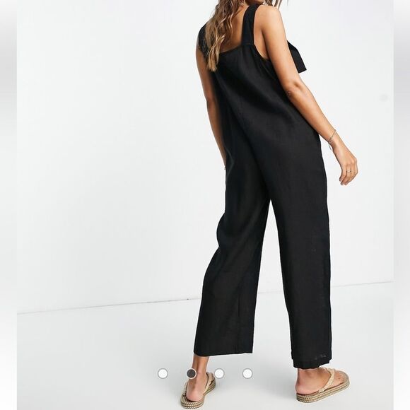 ASOS Linen Button Strap Jumpsuit Size 6 Black Boho Lightweight Pockets Lagenlook - Picture 2 of 16